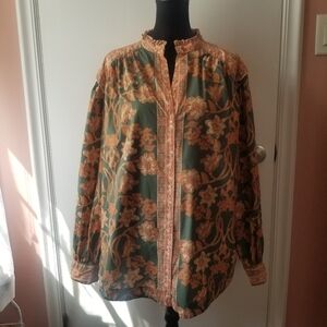 FREE PEOPLE Floral Gardens Forest Combo Button Front Pockets Shirt Large
